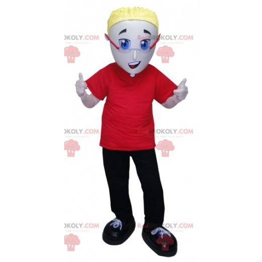 Mascot man dressed in red and black with glasses -