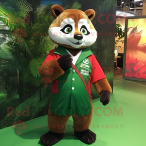 Forest Green Red Panda mascot costume character dressed with a Dress Shirt and Keychains