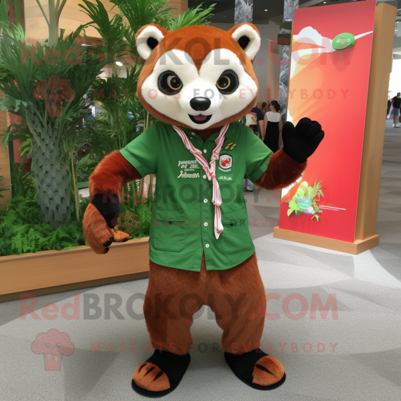 Forest Green Red Panda mascot costume character dressed with a Dress Shirt and Keychains