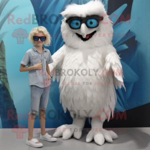 White Harpy mascot costume character dressed with a Mom Jeans and Sunglasses