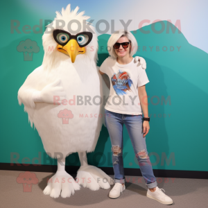 White Harpy mascot costume character dressed with a Mom Jeans and Sunglasses