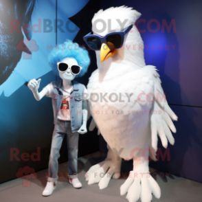 White Harpy mascot costume character dressed with a Mom Jeans and Sunglasses