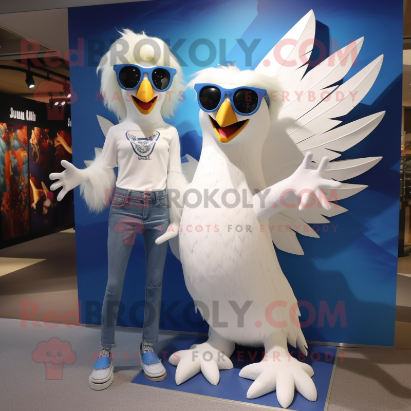 White Harpy mascot costume character dressed with a Mom Jeans and Sunglasses