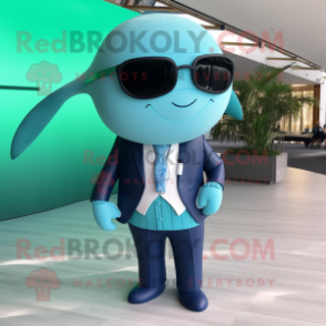 Turquoise Whale mascot costume character dressed with a Suit Pants and Sunglasses