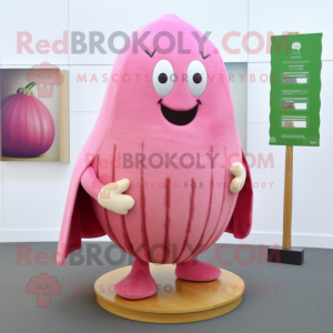 Pink Squash mascot costume character dressed with a Cardigan and Shawl pins