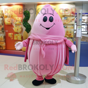 Pink Squash mascot costume character dressed with a Cardigan and Shawl pins