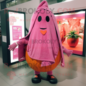 Pink Squash mascot costume character dressed with a Cardigan and Shawl pins