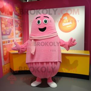 Pink Squash mascot costume character dressed with a Cardigan and Shawl pins
