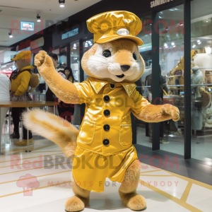 Gold Squirrel mascot costume character dressed with a Mini Dress and Berets