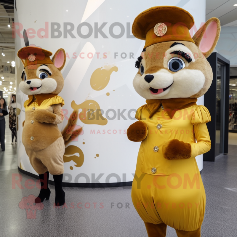 Gold Squirrel mascot costume character dressed with a Mini Dress and Berets Gold Squirrel mascot costume character dressed with a Mini Dress and Berets