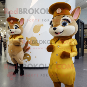 Gold Squirrel mascot costume character dressed with a Mini Dress and Berets