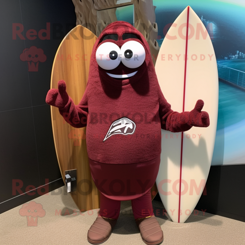 Maroon Surfboard mascot costume character dressed with a Henley Tee and Shawl pins Maroon Surfboard mascot costume character dressed with a Henley Tee and Shawl pins