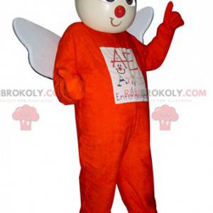 Mascote anjo em roupa laranja com asas brancas - Redbrokoly.com