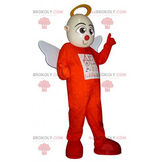 Mascote anjo em roupa laranja com asas brancas - Redbrokoly.com