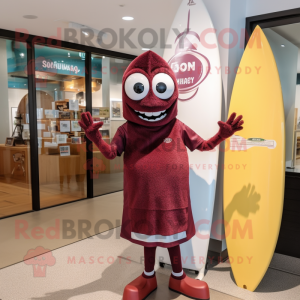 Maroon Surfboard mascot costume character dressed with a Henley Tee and Shawl pins
