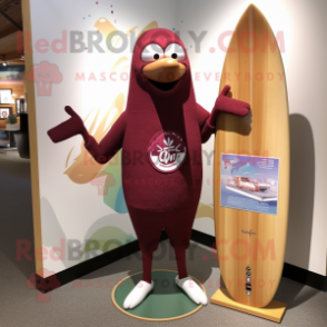 Maroon Surfboard mascot costume character dressed with a Henley Tee and Shawl pins