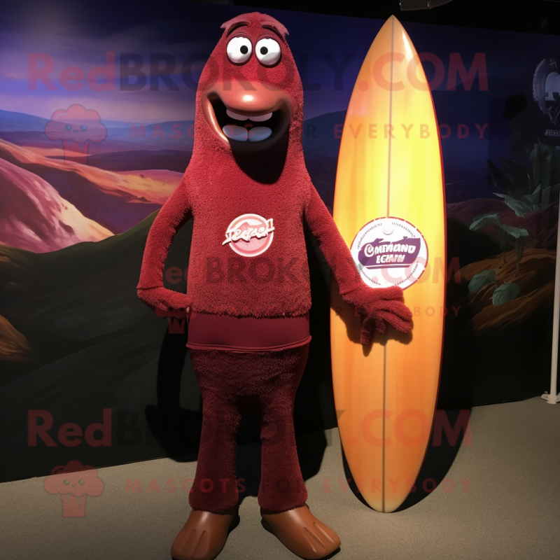Maroon Surfboard mascot costume character dressed with a Henley Tee and Shawl pins Maroon Surfboard mascot costume character dressed with a Henley Tee and Shawl pins