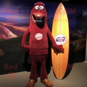 Maroon Surfboard mascot costume character dressed with a Henley Tee and Shawl pins
