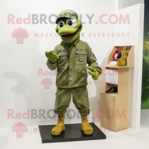 Olive Marine Recon mascot costume character dressed with a Capri Pants and Shoe laces