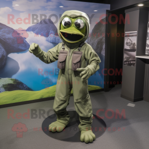 Olive Marine Recon mascot costume character dressed with a Capri Pants and Shoe laces