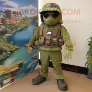 Olive Marine Recon mascot costume character dressed with a Capri Pants and Shoe laces