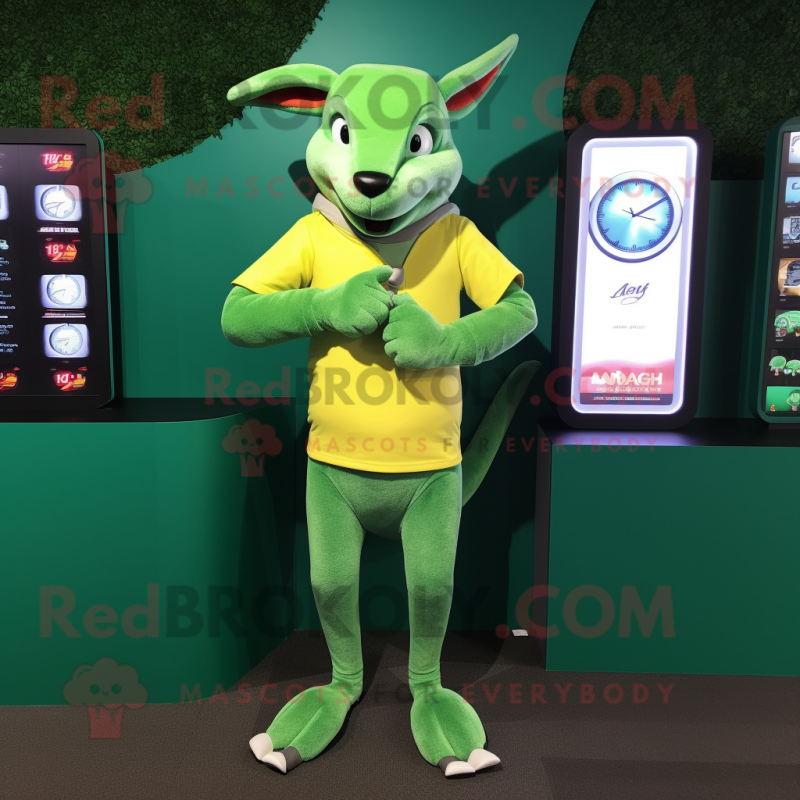 Green Kangaroo mascot costume character dressed with a Long Sleeve Tee and Digital watches