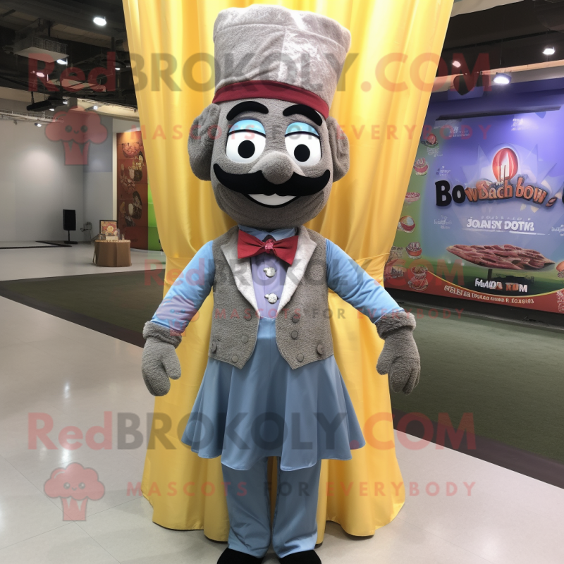 Gray Biryani mascot costume character dressed with a Jeans and Bow ties