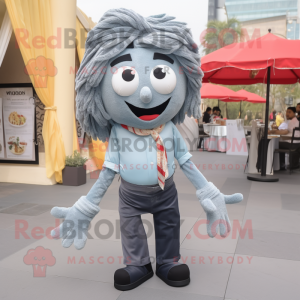 Gray Biryani mascot costume character dressed with a Jeans and Bow ties