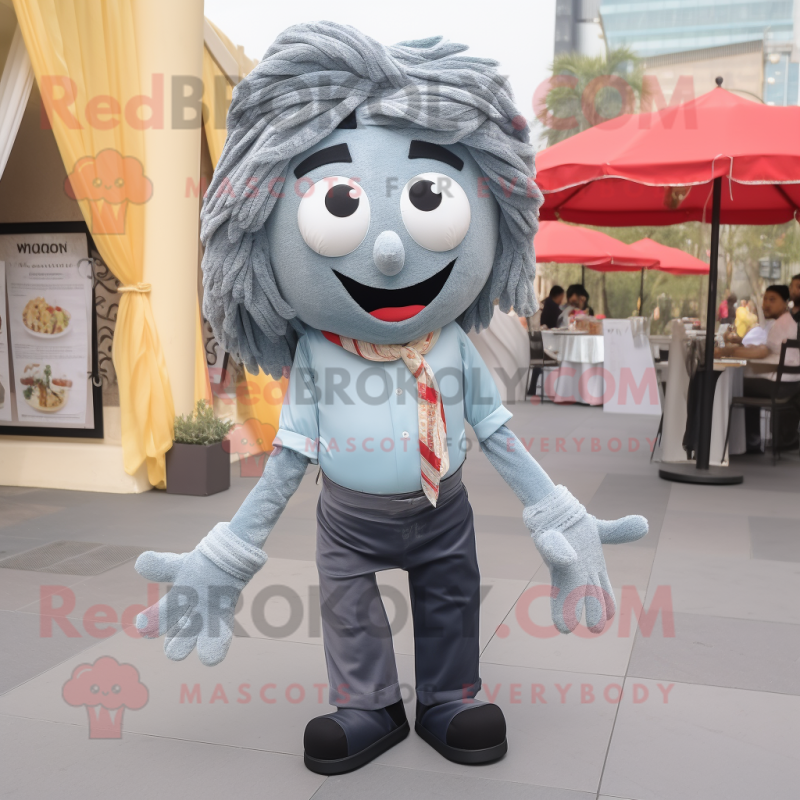 Gray Biryani mascot costume character dressed with a Jeans and Bow ties Gray Biryani mascot costume character dressed with a Jeans and Bow ties