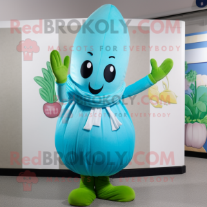 Cyan Radish mascot costume character dressed with a Wrap Dress and Gloves