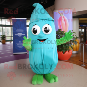Cyan Radish mascot costume character dressed with a Wrap Dress and Gloves