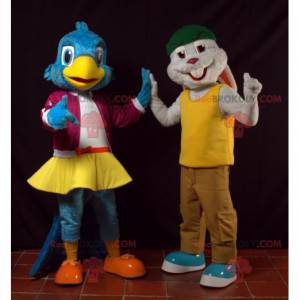 2 mascots a blue bird and a gray rabbit - Redbrokoly.com