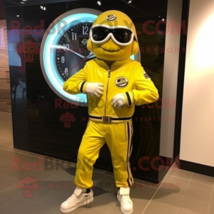 Lemon Yellow Gyro mascot costume character dressed with a Moto Jacket and Bracelet watches