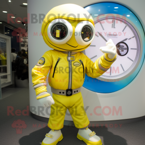 Lemon Yellow Gyro mascot costume character dressed with a Moto Jacket and Bracelet watches