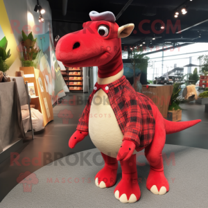 Red Parasaurolophus mascot costume character dressed with a Flannel Shirt and Clutch bags