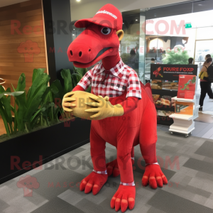 Red Parasaurolophus mascot costume character dressed with a Flannel Shirt and Clutch bags