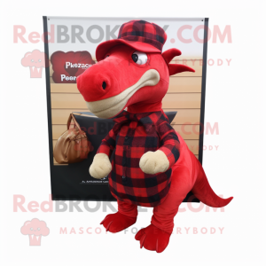 Red Parasaurolophus mascot costume character dressed with a Flannel Shirt and Clutch bags