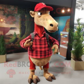 Red Parasaurolophus mascot costume character dressed with a Flannel Shirt and Clutch bags