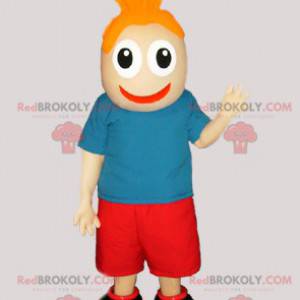 Mascotte de bonhomme avec une tenue rouge et bleue -