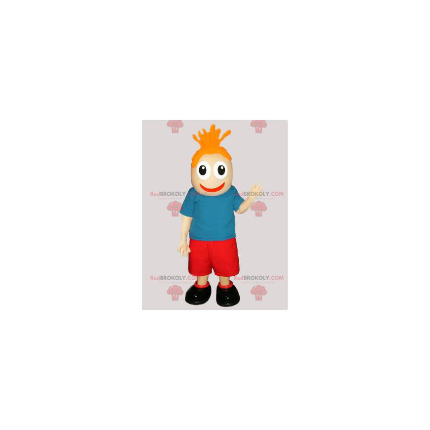 Mascotte de bonhomme avec une tenue rouge et bleue -