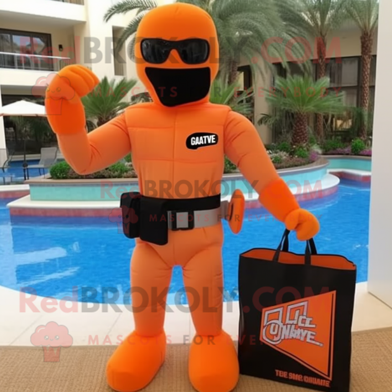 Orange Gi Joe mascot costume character dressed with a Bikini and Tote bags Orange Gi Joe mascot costume character dressed with a Bikini and Tote bags