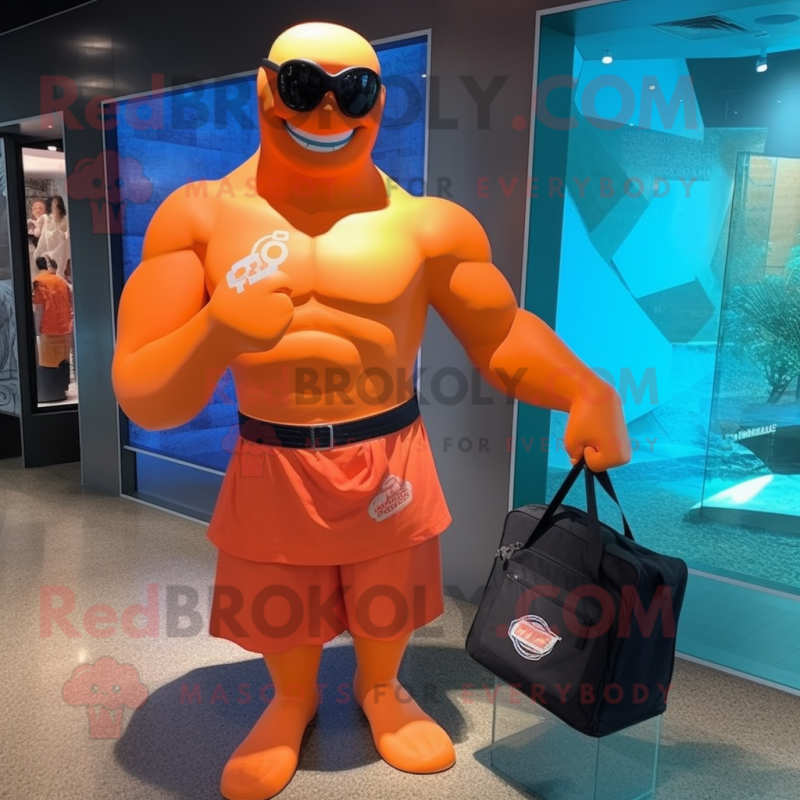 Orange Gi Joe mascot costume character dressed with a Bikini and Tote bags Orange Gi Joe mascot costume character dressed with a Bikini and Tote bags