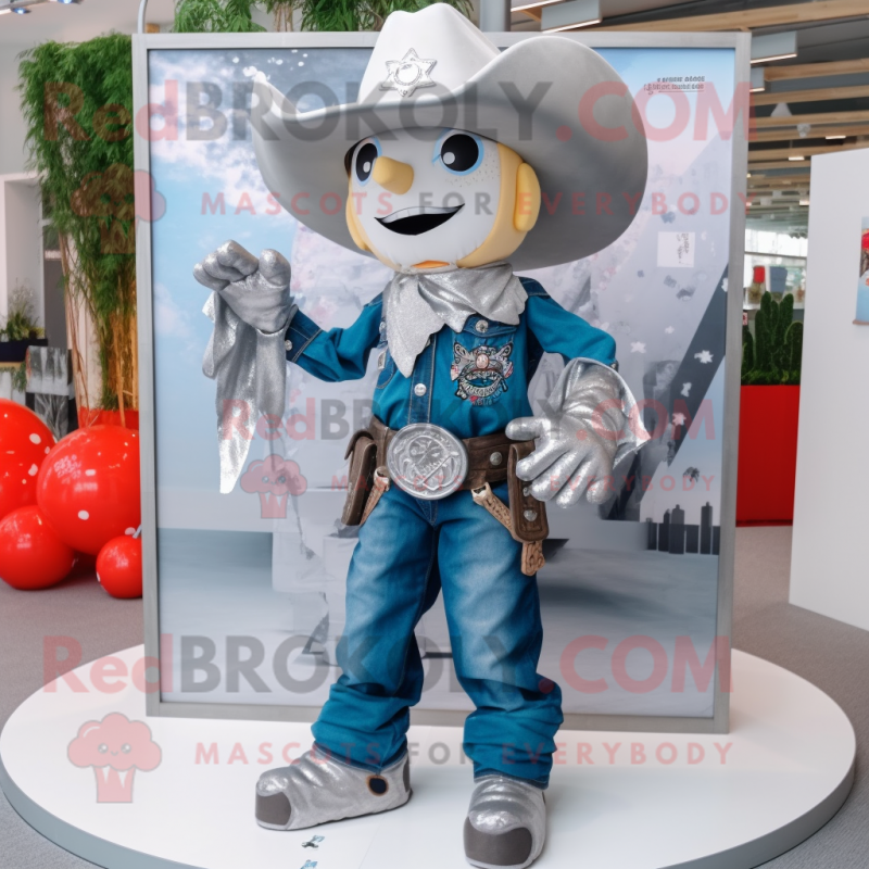 Silver Cowboy mascot costume character dressed with a Dungarees and Keychains Silver Cowboy mascot costume character dressed with a Dungarees and Keychains