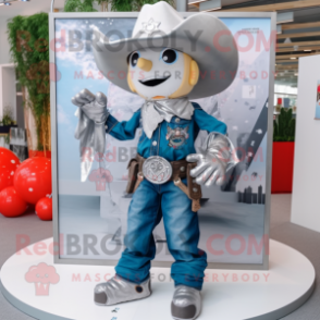 Silver Cowboy mascot costume character dressed with a Dungarees and Keychains