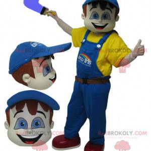 Painter mascot dressed in yellow with blue overalls -