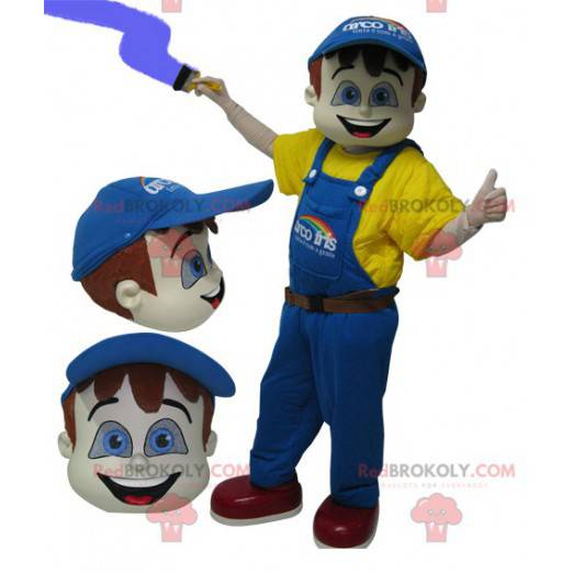 Mascote do pintor vestido de amarelo com macacão azul -
