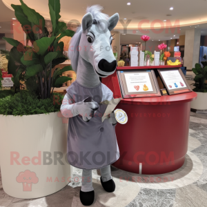 Gray Horse mascot costume character dressed with a Maxi Dress and Coin purses
