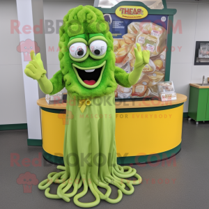 Lime Green Fried Calamari mascot costume character dressed with a Wrap Dress and Rings