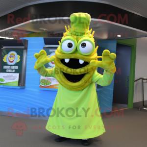 Lime Green Fried Calamari mascot costume character dressed with a Wrap Dress and Rings