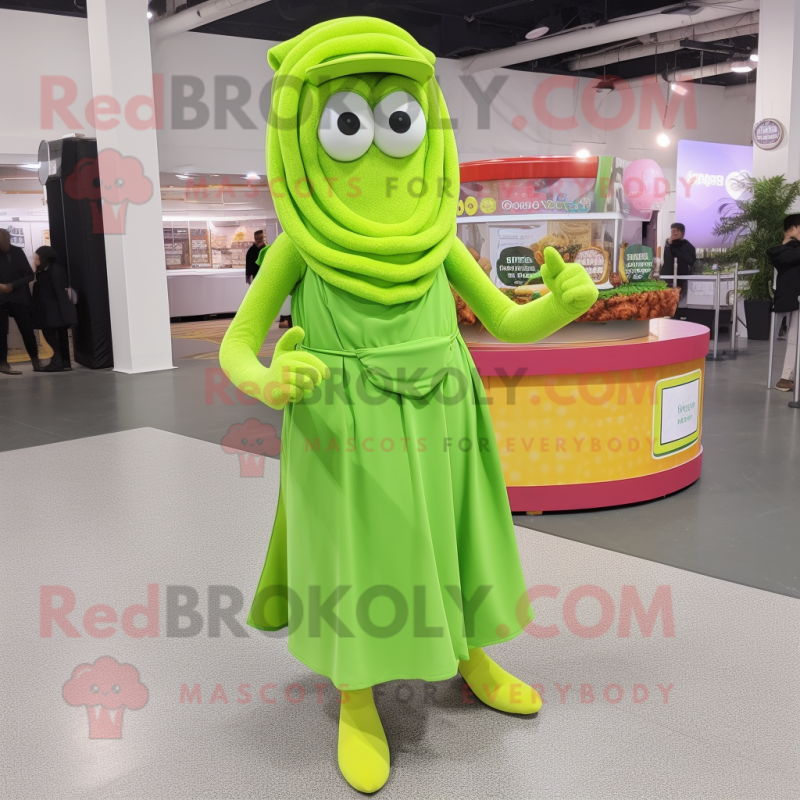 Lime Green Fried Calamari mascot costume character dressed with a Wrap Dress and Rings